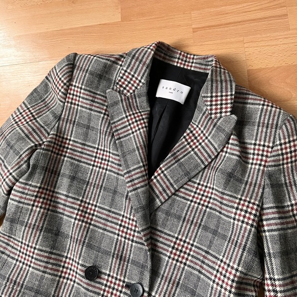 Sandro Gray Cream Rust Checked Double-Breasted 80% wool Blend Blazer - Picture 3 of 7